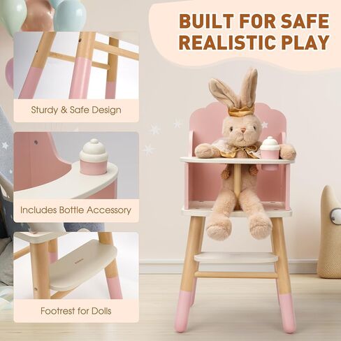 Wooden Baby Doll High Chair, Doll Furniture, Fits Up to 18 inch Baby Dolls, 18 inch Doll Accessories - Pink in Kuwait