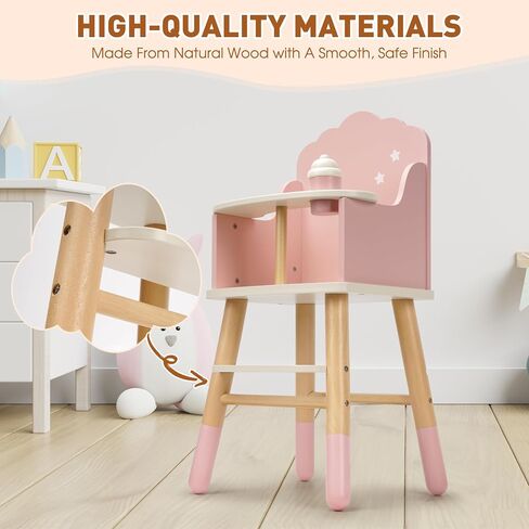 Wooden Baby Doll High Chair, Doll Furniture, Fits Up to 18 inch Baby Dolls, 18 inch Doll Accessories - Pink in Kuwait
