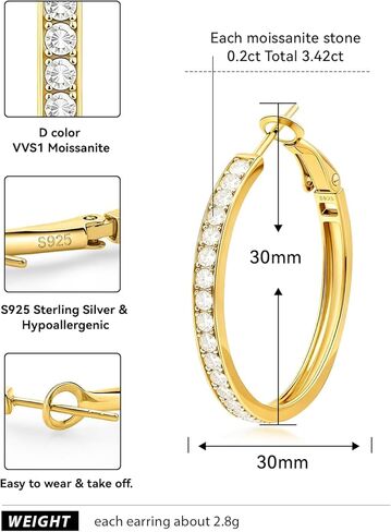 أقراط مويسانيتي من ريني آند كيه للنساء 30/50 مم كبيرة من الذهب الأبيض المطلي بالألماس أقراط فضية S925 خفيفة الوزن من الداخل إلى الخارج VVS D أطواق مويسانيتي معتمدة 1.34/3.86 قيراط in Kuwait