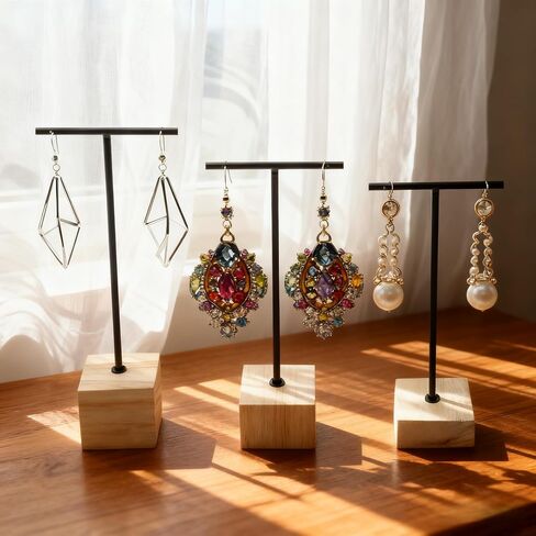 3pcs Black Metal T-Bar Wood Jewlery Display Stand with Square Wooden Base Earring Jewelry Hanging Holder in Kuwait