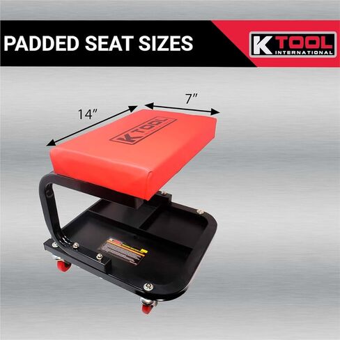 مقعد زاحف ميكانيكي 74981 من K Tool International مع تخزين الأدوات للكراجات ومحلات الإصلاح والأعمال اليدوية، مقعد مبطن، 350 رطل. السعة، إطار فولاذي أنبوبي عالي التحمل، (4) عجلات دوارة، أحمر/أسود in Kuwait