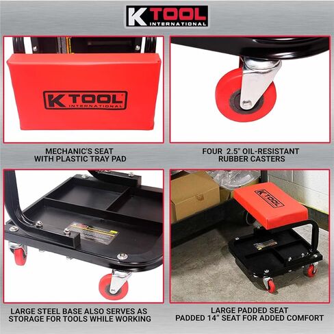 مقعد زاحف ميكانيكي 74981 من K Tool International مع تخزين الأدوات للكراجات ومحلات الإصلاح والأعمال اليدوية، مقعد مبطن، 350 رطل. السعة، إطار فولاذي أنبوبي عالي التحمل، (4) عجلات دوارة، أحمر/أسود in Kuwait