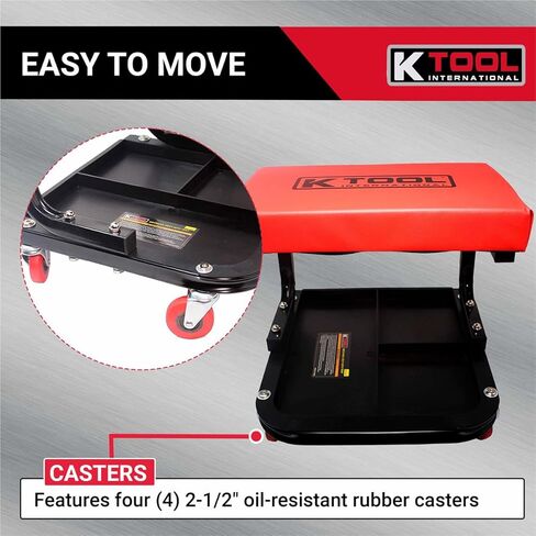 مقعد زاحف ميكانيكي 74981 من K Tool International مع تخزين الأدوات للكراجات ومحلات الإصلاح والأعمال اليدوية، مقعد مبطن، 350 رطل. السعة، إطار فولاذي أنبوبي عالي التحمل، (4) عجلات دوارة، أحمر/أسود in Kuwait