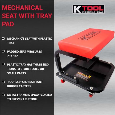 مقعد زاحف ميكانيكي 74981 من K Tool International مع تخزين الأدوات للكراجات ومحلات الإصلاح والأعمال اليدوية، مقعد مبطن، 350 رطل. السعة، إطار فولاذي أنبوبي عالي التحمل، (4) عجلات دوارة، أحمر/أسود in Kuwait