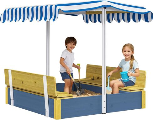 Kids Sandbox with Lid, Wooden Sand Box with Cover Adjustable Canopy, Storage,and Bottom Liner, for Backyard Outdoor Playgrounds Equipment Ages 4-8 in Saudi Arabia