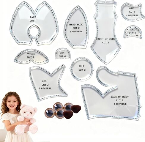10 Inch Memory Bear Quilting Templates & Sewing Patterns - Beginners Friendly | with PVC Stencil Rulers, Craft Eyes and Noses Step-by-Step Tutorials/Instructions for Easy DIY(10in+Two Plush) in Saudi Arabia