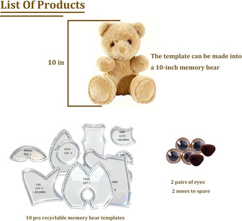 10 Inch Memory Bear Quilting Templates & Sewing Patterns - Beginners Friendly | with PVC Stencil Rulers, Craft Eyes and Noses Step-by-Step Tutorials/Instructions for Easy DIY(10in+Two Plush) in Saudi Arabia
