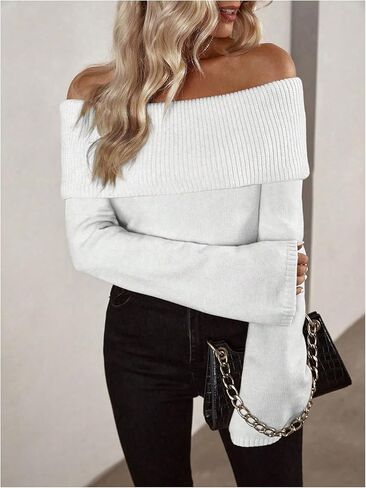 GORGLITTER Women's Off Shoulder Long Sleeve Sweater Casual Ribbed Knit Pullover Top in Kuwait