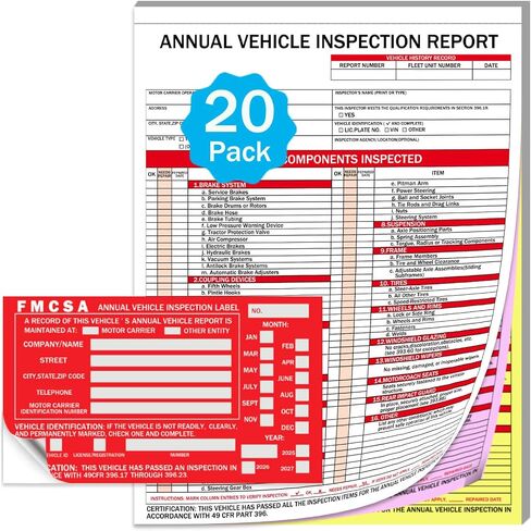 20 حزمة من نماذج تقرير فحص المركبات السنوية مع ملصقات ألومنيوم FMCSA باللون الأحمر، 3 طبقات خالية من الكربون مع خط تمزيق، متينة وسهلة الاستخدام لفحص مركبات السائق، متوافقة مع DOT in Kuwait