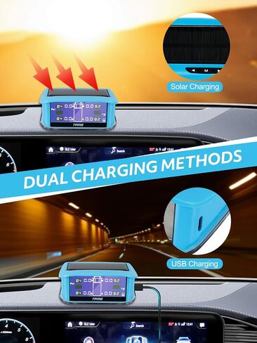 نظام مراقبة ضغط الإطارات RV، 1 شاشة شحن بالطاقة الشمسية من النوع C و4 أجهزة استشعار نحاسية نقية، TPMS للقافلة/البيك اب/الشاحنة، شاشة LCD مع أضواء مؤشر بلونين ومنبه، 10-90 رطل لكل بوصة مربعة، 2025 محدث in Saudi Arabia