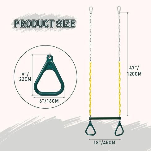 REDCAMP Trapeze Bar for Swing Set Playground, Heavy Duty 18" Trapeze Swing Bar with Rings and Adjustable Chains 47" Long,Yellow and Green in Saudi Arabia