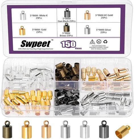Swpeet 180 قطعة 6 ألوان 4 × 9 مم غطاء نهاية الحبل النحاسي مع مجموعة حلقات حلقية، أغطية أطراف جلدية، أطراف نهاية غطاء العمود، أسلاك جلدية تنتهي غطاء خرز لصنع المجوهرات بنفسك in Kuwait