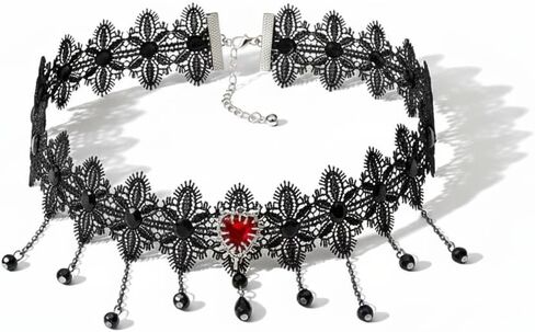 ‌Black Lace Choker with Rose & Skull - Gothic Jewelry Steampunk Necklace, Vampire Necklace for Women, Halloween Outfit Party Gifts‌ in Saudi Arabia