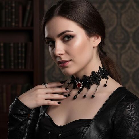 ‌Black Lace Choker with Rose & Skull - Gothic Jewelry Steampunk Necklace, Vampire Necklace for Women, Halloween Outfit Party Gifts‌ in Saudi Arabia