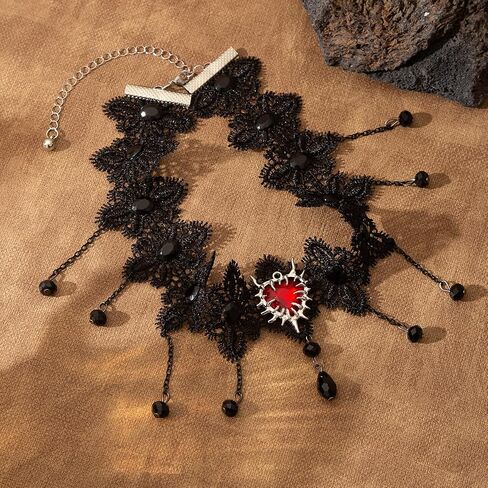 ‌Black Lace Choker with Rose & Skull - Gothic Jewelry Steampunk Necklace, Vampire Necklace for Women, Halloween Outfit Party Gifts‌ in Saudi Arabia
