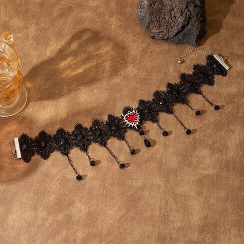 ‌Black Lace Choker with Rose & Skull - Gothic Jewelry Steampunk Necklace, Vampire Necklace for Women, Halloween Outfit Party Gifts‌ in Saudi Arabia