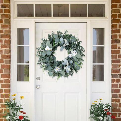 Wreath for Front Door, 18 Inch Spring Summer Eucalyptus Wreaths, Handmade Greenery Wreath All Season for Outside Window Wall Festival Farmhouse Indoor Outdoor Party Holiday Wedding Home Decor in Saudi Arabia