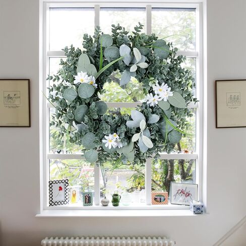 Wreath for Front Door, 18 Inch Spring Summer Eucalyptus Wreaths, Handmade Greenery Wreath All Season for Outside Window Wall Festival Farmhouse Indoor Outdoor Party Holiday Wedding Home Decor in Saudi Arabia