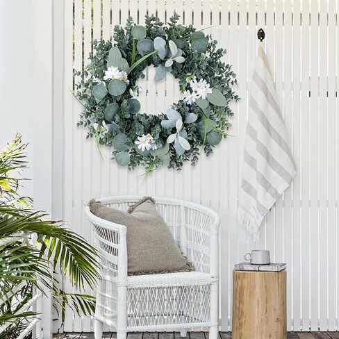Wreath for Front Door, 18 Inch Spring Summer Eucalyptus Wreaths, Handmade Greenery Wreath All Season for Outside Window Wall Festival Farmhouse Indoor Outdoor Party Holiday Wedding Home Decor in Saudi Arabia