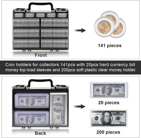 Coin Collector Case with 141 pcs Capsules with Foam Gaskets & 220 Dollar Bill Sleeve-Coin Collection Supplies Storage Organizer Box for Secure Coin and Paper Money Display(Black case+Black Gasket) in Saudi Arabia