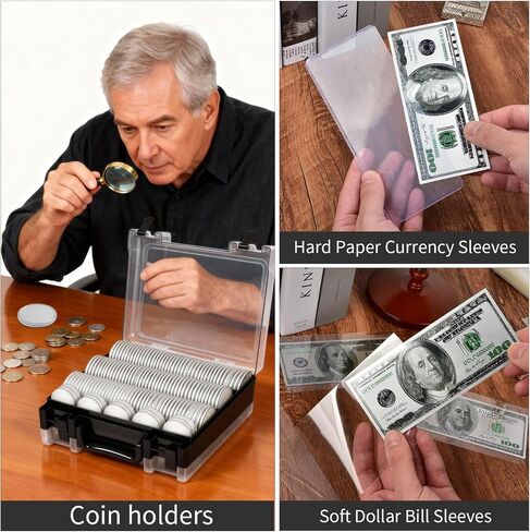 Coin Collector Case with 141 pcs Capsules with Foam Gaskets & 220 Dollar Bill Sleeve-Coin Collection Supplies Storage Organizer Box for Secure Coin and Paper Money Display(Black case+Black Gasket) in Saudi Arabia