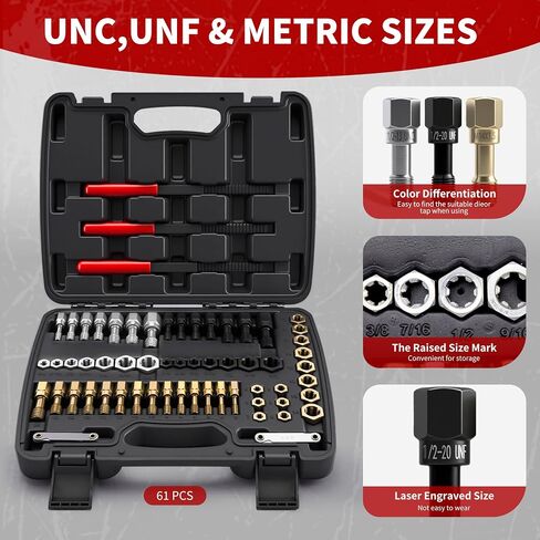 61 Pcs Thread Chaser Set, Metric & SAE Thread Repair Kit with Pitch Gauge - Clean and Restore Damaged Threads on Automotive, Motorcycle, Engine Blocks, Nuts & Bolts, Ideal for DIY Repairs in Saudi Arabia