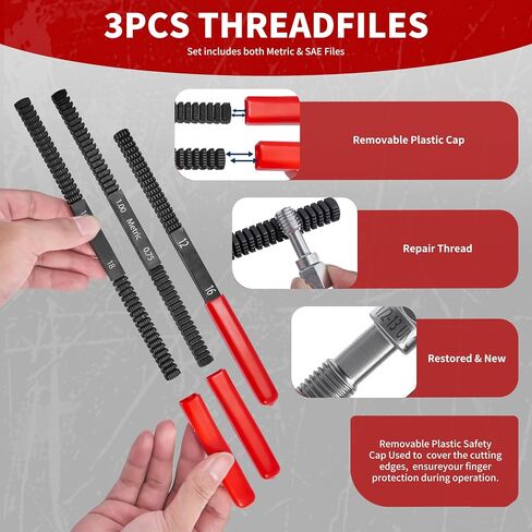 61 Pcs Thread Chaser Set, Metric & SAE Thread Repair Kit with Pitch Gauge - Clean and Restore Damaged Threads on Automotive, Motorcycle, Engine Blocks, Nuts & Bolts, Ideal for DIY Repairs in Saudi Arabia