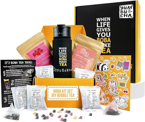 YUMBUCHA Instant Boba Making Kit - A Complete Set for Boba Tea Lovers - 30 Drinks, Reusable Cup & Straw, Tapioca Pearls, and Loose Leaf Teabags - White Peach Oolong, Jasmine Green, Classic Black in Saudi Arabia