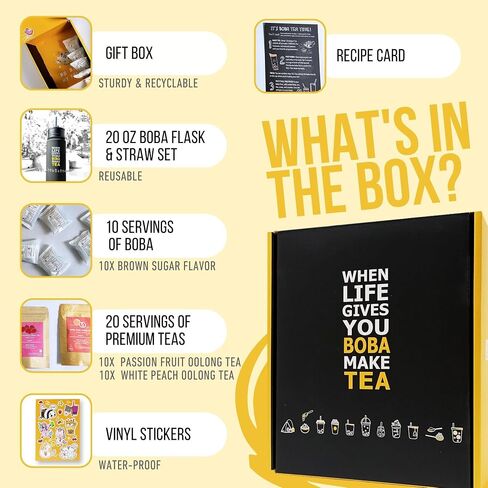 YUMBUCHA Instant Boba Making Kit - A Complete Set for Boba Tea Lovers - 30 Drinks, Reusable Cup & Straw, Tapioca Pearls, and Loose Leaf Teabags - White Peach Oolong, Jasmine Green, Classic Black in Saudi Arabia