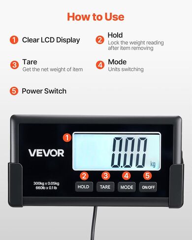 VEVOR Digital Shipping Scale, 0.1 lbs High Accuracy, 660 lbs Postal Scale with LCD Display, Hold/Tare Function & AC/DC Power Supply, Fit for Packages, Postage, Luggage, Battery & Adapter Included in Saudi Arabia