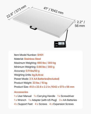 VEVOR Digital Shipping Scale, 0.1 lbs High Accuracy, 660 lbs Postal Scale with LCD Display, Hold/Tare Function & AC/DC Power Supply, Fit for Packages, Postage, Luggage, Battery & Adapter Included in Saudi Arabia