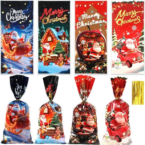 Christmas Treat Bags, Christmas Cellophane Goodie Candy Cookie Gift Bag, 50 PCS Plastic Xmas Goody Snack Wrapping Bags with Twist Ties for Gift Wrap Xmas Holiday Party Favors, 10.8 x 4.9 In (4 Styles) in Saudi Arabia