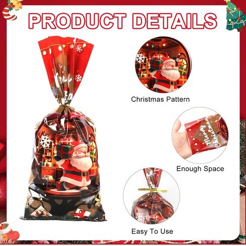 Christmas Treat Bags, Christmas Cellophane Goodie Candy Cookie Gift Bag, 50 PCS Plastic Xmas Goody Snack Wrapping Bags with Twist Ties for Gift Wrap Xmas Holiday Party Favors, 10.8 x 4.9 In (4 Styles) in Saudi Arabia