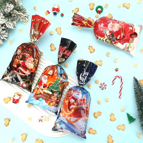 Christmas Treat Bags, Christmas Cellophane Goodie Candy Cookie Gift Bag, 50 PCS Plastic Xmas Goody Snack Wrapping Bags with Twist Ties for Gift Wrap Xmas Holiday Party Favors, 10.8 x 4.9 In (4 Styles) in Saudi Arabia