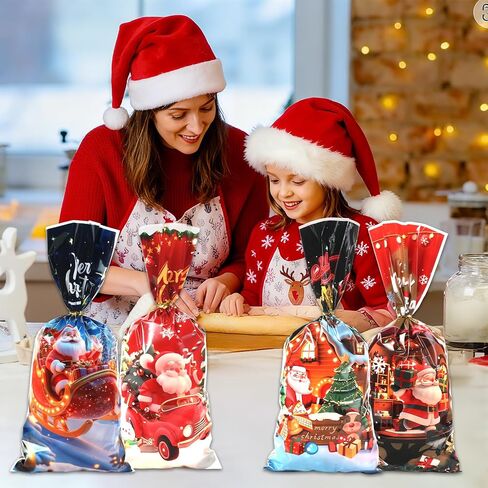 Christmas Treat Bags, Christmas Cellophane Goodie Candy Cookie Gift Bag, 50 PCS Plastic Xmas Goody Snack Wrapping Bags with Twist Ties for Gift Wrap Xmas Holiday Party Favors, 10.8 x 4.9 In (4 Styles) in Saudi Arabia