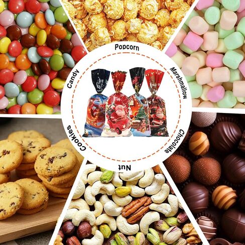 Christmas Treat Bags, Christmas Cellophane Goodie Candy Cookie Gift Bag, 50 PCS Plastic Xmas Goody Snack Wrapping Bags with Twist Ties for Gift Wrap Xmas Holiday Party Favors, 10.8 x 4.9 In (4 Styles) in Saudi Arabia