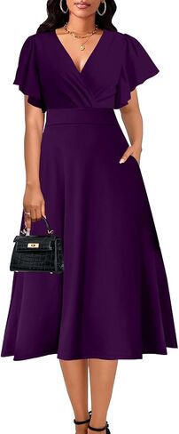 Elegant Dress for Women Casual Ruffle Short Sleeve V Neck Church Cocktail Party Work Wrap A Line Midi Dresses with Pocket in Saudi Arabia