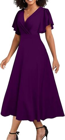 Elegant Dress for Women Casual Ruffle Short Sleeve V Neck Church Cocktail Party Work Wrap A Line Midi Dresses with Pocket in Saudi Arabia