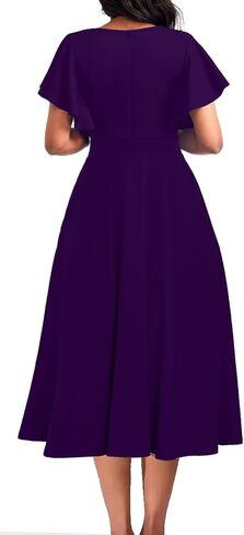 Elegant Dress for Women Casual Ruffle Short Sleeve V Neck Church Cocktail Party Work Wrap A Line Midi Dresses with Pocket in Saudi Arabia