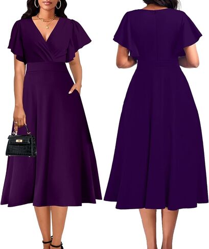 Elegant Dress for Women Casual Ruffle Short Sleeve V Neck Church Cocktail Party Work Wrap A Line Midi Dresses with Pocket in Saudi Arabia