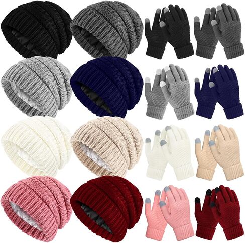 Jadive 8 Sets Winter Glove and Hat Set Chunky Knit Beanie Hat Warm Touchscreen Gloves Soft Beanie Cap Texting Gloves for Women Men Indoor Outdoor Activities, 8 Colors in Saudi Arabia