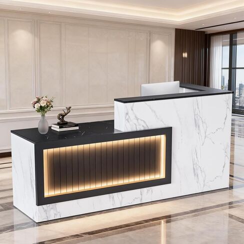 مكتب استقبال حديث على شكل حرف L مزود بإضاءة - مكتب أمامي كبير مقاس 71 بوصة، ومنضدة خروج للصالون مع خزائن وأرفف وأدراج قابلة للقفل (أبيض وأسود مع ضوء، على الجانب الأيسر) 4H7 in Kuwait