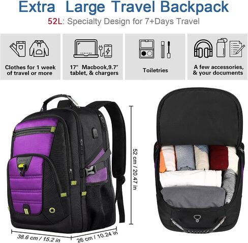 Z-MGKISS Extra Large Travel Backpack, 52L TSA Backpack 17.3 Inch, Anti-Theft 17 Inch Big Business Laptop Backpack for Men & Women, Water Resistant College Rucksack Bag with USB Port, Black in Saudi Arabia