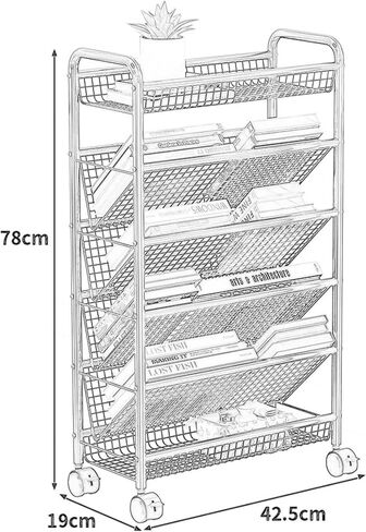 Rolling Book Cart, Mobile Bookshelf with Wheels, Compact Desk Storage Organizer Trolley, Floor Standing Metal Bookshelves/Corner Display Shelf, Magazine Rack fo in Saudi Arabia