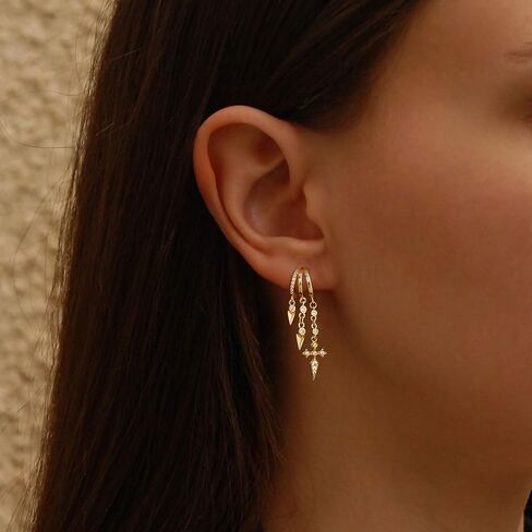 Dangle Earrings For Women,Dainty 14K Gold Plated Hypoallergenic Small Triple Huggie Hoop Earring Gothic Cute Cross Moon Star Drop Earrings For Women Trendy Gold Statement Stud Earring Jewelry in Saudi Arabia