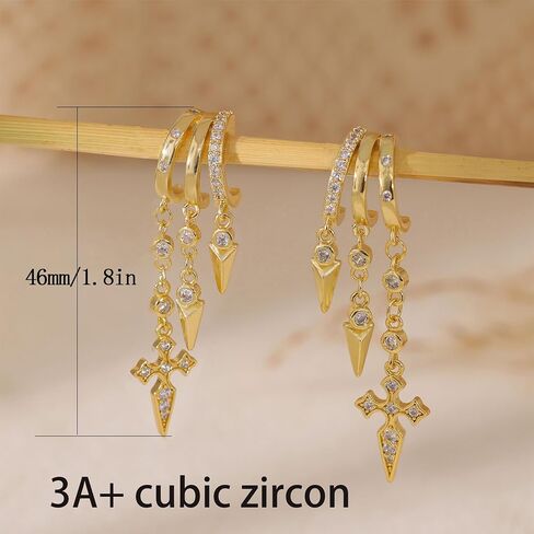Dangle Earrings For Women,Dainty 14K Gold Plated Hypoallergenic Small Triple Huggie Hoop Earring Gothic Cute Cross Moon Star Drop Earrings For Women Trendy Gold Statement Stud Earring Jewelry in Saudi Arabia