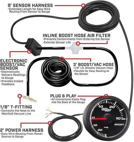 طقم قياس الضغط GlowShift 45 مم 30 PSI Turbo Boost - يتضمن مستشعرًا إلكترونيًا وأحزمة أسلاك - قرص أسود - LED أبيض - تصميم مضغوط in Kuwait