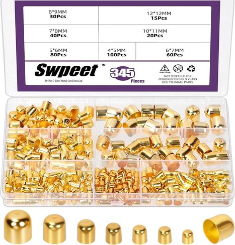 Swpeet 345 قطعة 7 مقاسات 4/5/6/7/8/10/12 مم مجموعة متنوعة من أغطية نهاية الحبل المعدني الذهبي، أغطية أطراف جلدية، أطراف نهاية غطاء العمود، أسلاك جلدية تنتهي غطاء خرز لصنع المجوهرات سوار DIY in Kuwait