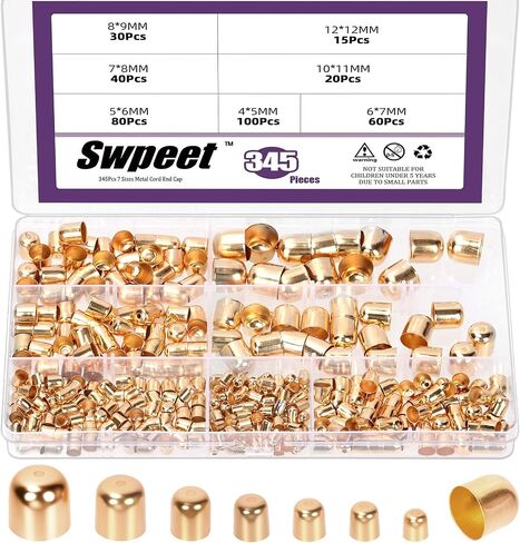 Swpeet 345 قطعة 7 مقاسات 4/5/6/7/8/10/12 مم مجموعة متنوعة من أغطية نهاية الحبل المعدني الذهبي، أغطية أطراف جلدية، أطراف نهاية غطاء العمود، أسلاك جلدية تنتهي غطاء خرز لصنع المجوهرات سوار DIY in Kuwait