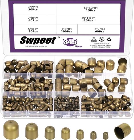 Swpeet 345 قطعة 7 مقاسات 4/5/6/7/8/10/12 مم مجموعة متنوعة من أغطية نهاية الحبل المعدني الذهبي، أغطية أطراف جلدية، أطراف نهاية غطاء العمود، أسلاك جلدية تنتهي غطاء خرز لصنع المجوهرات سوار DIY in Kuwait